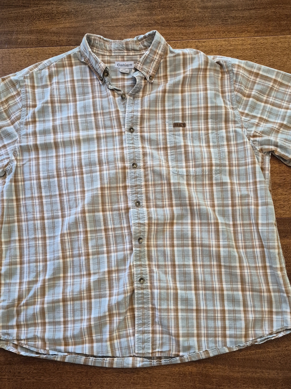 Carhartt Men’s Short Sleeve  Light Brown& Pale Green Plaid Button-Down Shirt 2xl